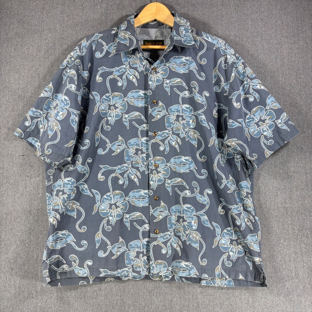 Vintage Timberland Mens Floral Camo Short Sleeve Button Down Shirt Blue Grey